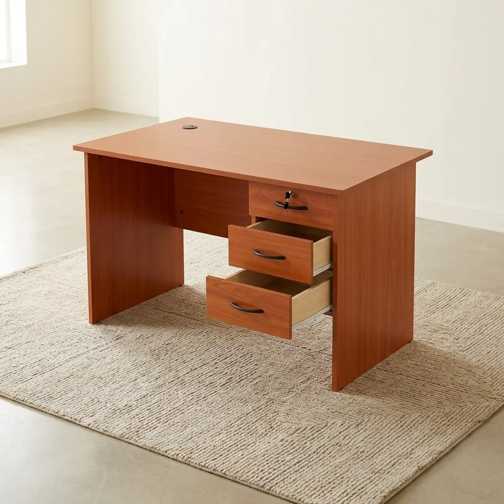 Compact 1.0m home office desk in a cherry wood finish, featuring an open right-hand three-drawer pedestal with curved black handles, a key-lock top drawer, a rectangular writing surface with a black cable grommet, and an integrated modesty panel.