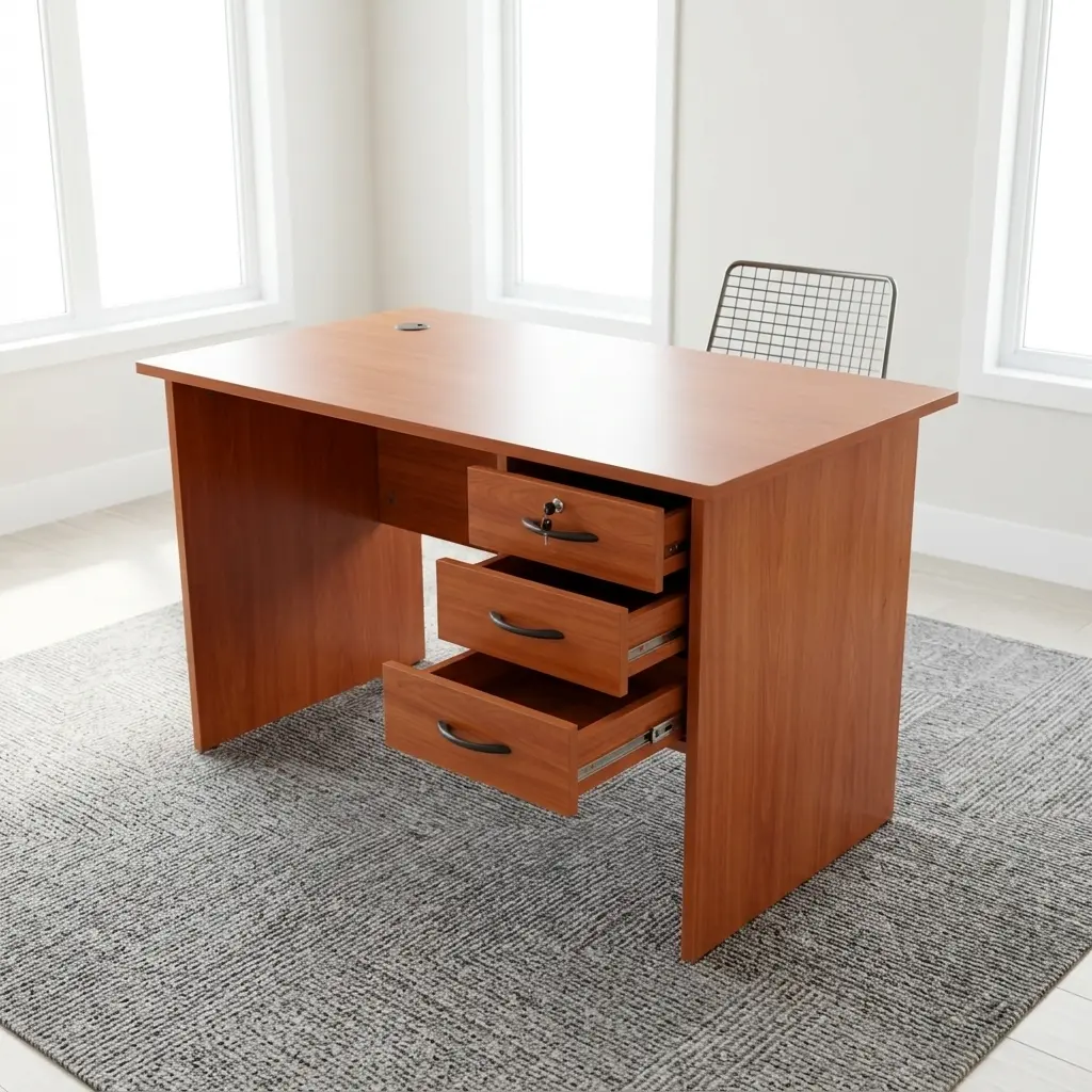 Compact 1.0m home office desk in a cherry wood finish, featuring an open right-hand three-drawer pedestal with curved black handles, a key-lock top drawer, a rectangular writing surface with a black cable grommet, and an integrated modesty panel.