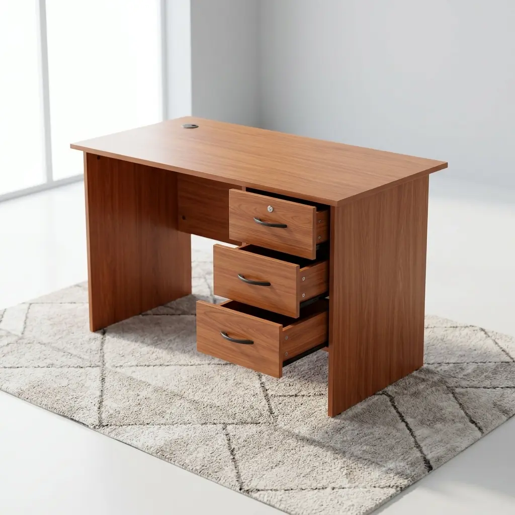 Compact 1.0m home office desk in a cherry wood finish, featuring an open right-hand three-drawer pedestal with curved black handles, a key-lock top drawer, a rectangular writing surface with a black cable grommet, and an integrated modesty panel.
