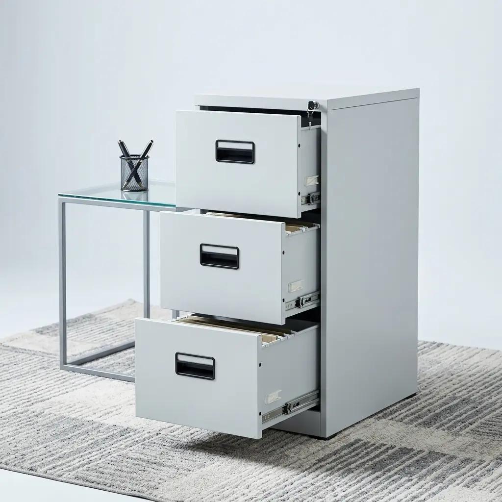 Heavy-duty vertical 3-drawer steel filing cabinet in a matte light gray finish, featuring recessed flush pull handles, built-in label holders, and a central core key-lock security mechanism.