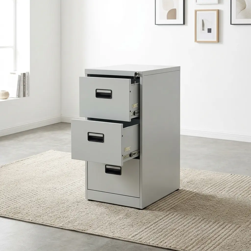 Heavy-duty vertical 3-drawer steel filing cabinet in a matte light gray finish, featuring recessed flush pull handles, built-in label holders, and a central core key-lock security mechanism.