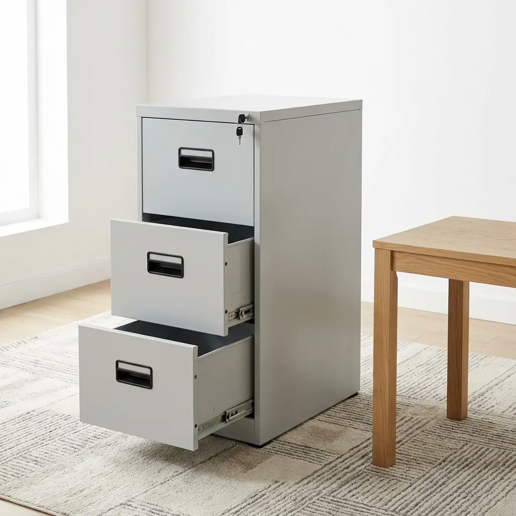 Heavy-duty vertical 3-drawer steel filing cabinet in a matte light gray finish, featuring recessed flush pull handles, built-in label holders, and a central core key-lock security mechanism.