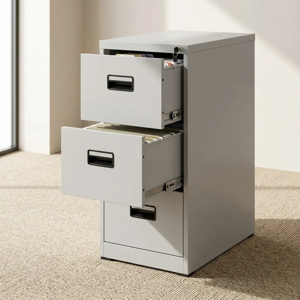 Heavy-duty vertical 3-drawer steel filing cabinet in a matte light gray finish, featuring recessed flush pull handles, built-in label holders, and a central core key-lock security mechanism.