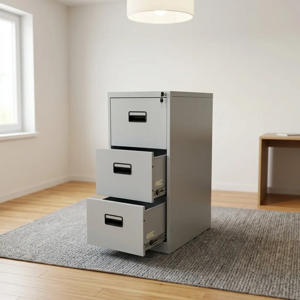 Heavy-duty vertical 3-drawer steel filing cabinet in a matte light gray finish, featuring recessed flush pull handles, built-in label holders, and a central core key-lock security mechanism.