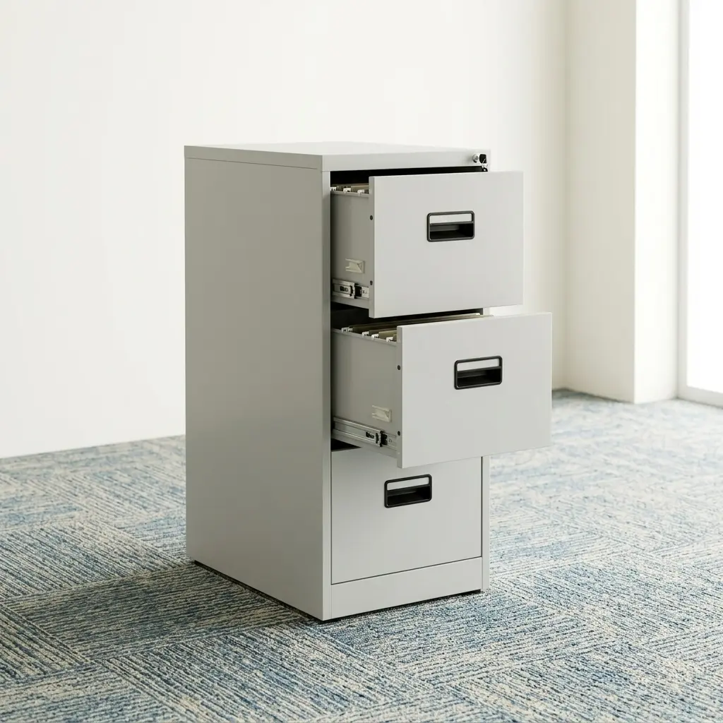 Heavy-duty vertical 3-drawer steel filing cabinet in a matte light gray finish, featuring recessed flush pull handles, built-in label holders, and a central core key-lock security mechanism.