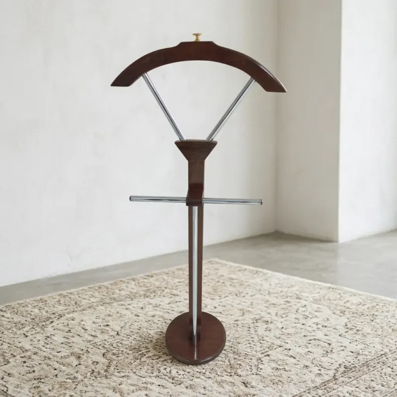 Classic free-standing mahogany wood coat rack featuring a turned accent top finial, twelve curved multi-tier hanging hooks, a central turned wooden post, and a stable four-legged pedestal base.
