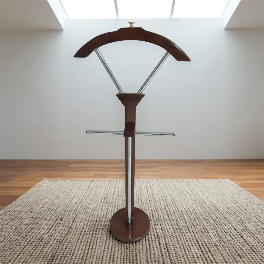 Classic free-standing mahogany wood coat rack featuring a turned accent top finial, twelve curved multi-tier hanging hooks, a central turned wooden post, and a stable four-legged pedestal base.