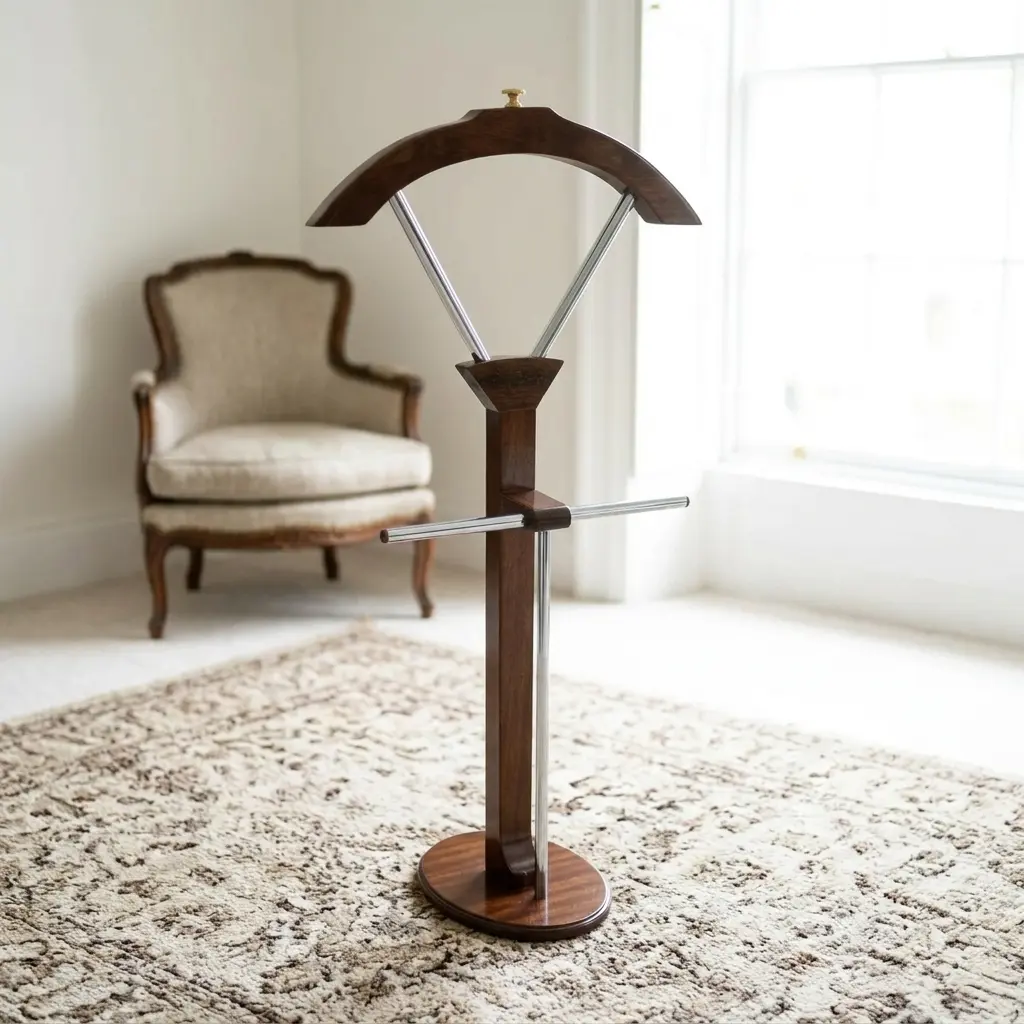Classic free-standing mahogany wood coat rack featuring a turned accent top finial, twelve curved multi-tier hanging hooks, a central turned wooden post, and a stable four-legged pedestal base.