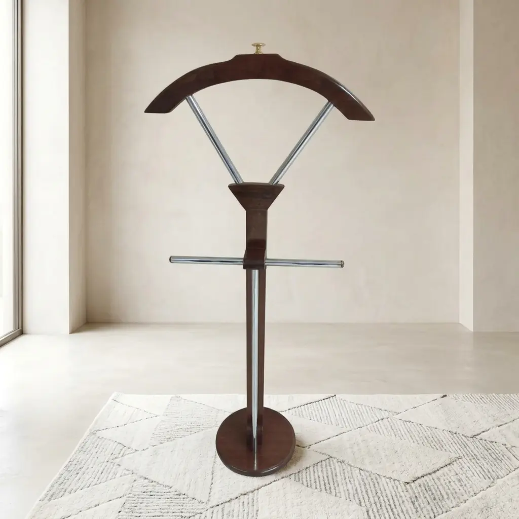 Classic free-standing mahogany wood coat rack featuring a turned accent top finial, twelve curved multi-tier hanging hooks, a central turned wooden post, and a stable four-legged pedestal base.