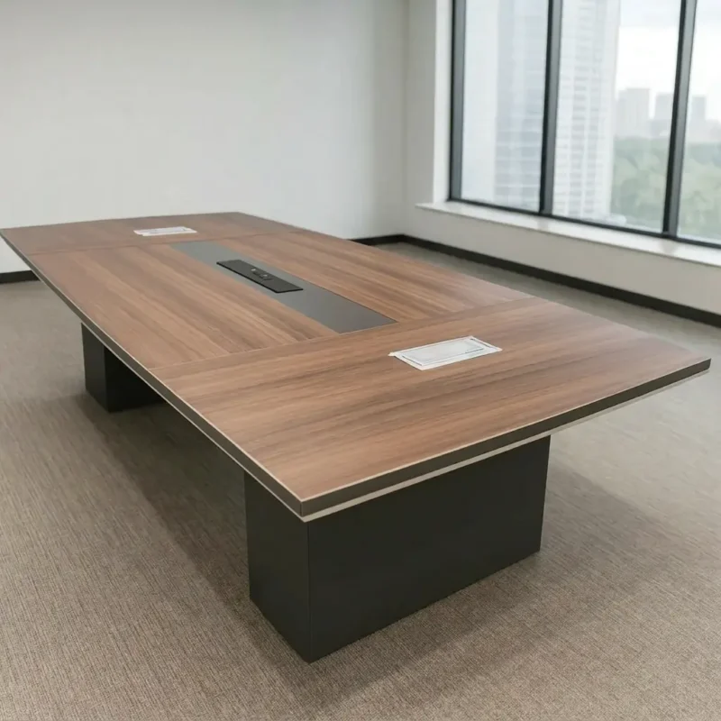 10-seater boardroom table constructed with a premium walnut wood grain finish tabletop, featuring a built-in central matte black cable management track, integrated silver flip-up power and data modules, and two sturdy block-style black pedestal bases.