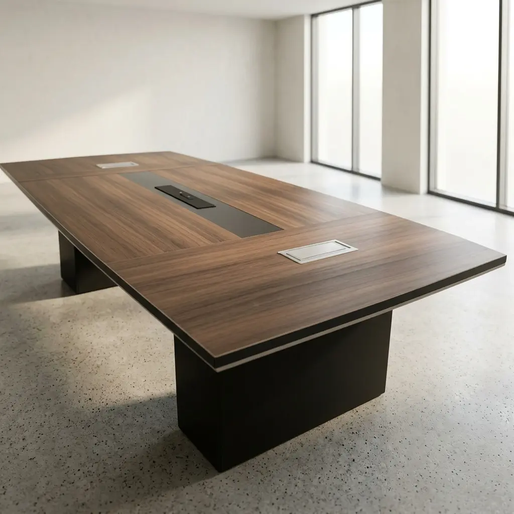 10-seater boardroom table constructed with a premium walnut wood grain finish tabletop, featuring a built-in central matte black cable management track, integrated silver flip-up power and data modules, and two sturdy block-style black pedestal bases.