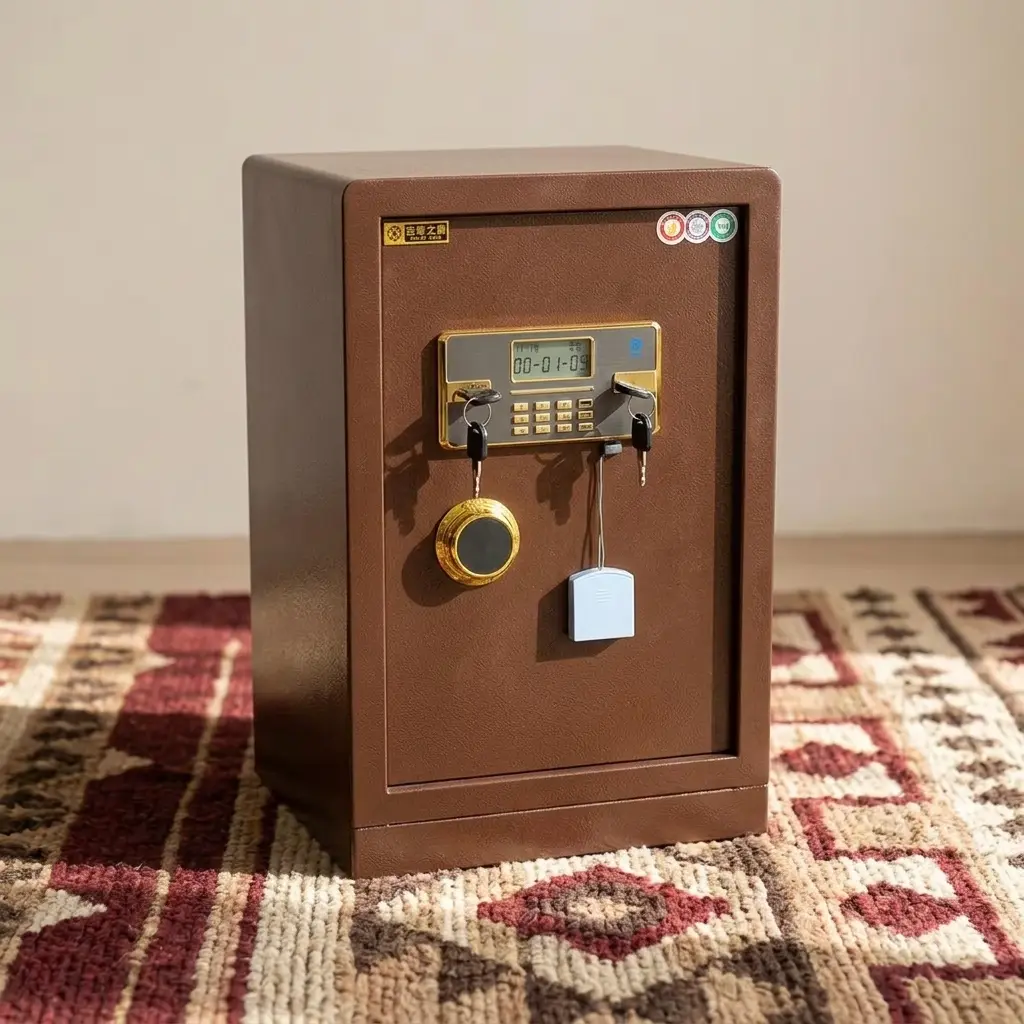 60kgs fireproof safe box featuring a thick steel body in a textured bronze finish, equipped with a gold-trimmed electronic digital keypad panel, a central LCD screen display, and a dual-key override lock system with keys inserted.