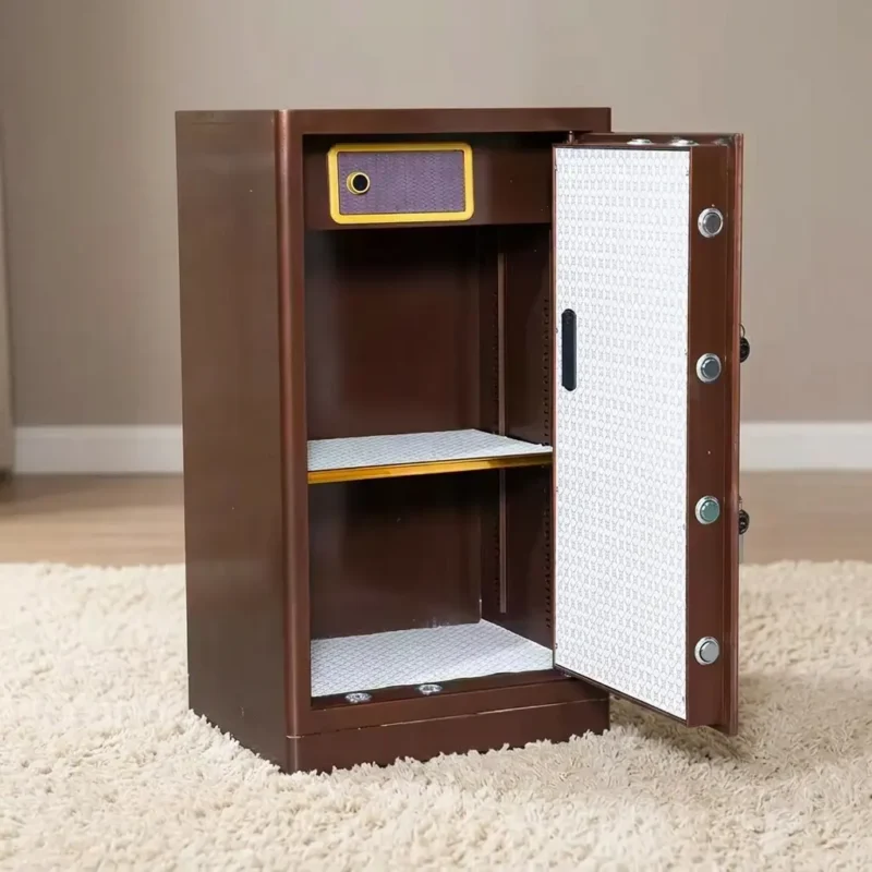 60kgs fireproof safe box featuring a thick steel body in a textured bronze finish, equipped with a gold-trimmed electronic digital keypad panel, a central LCD screen display, and a dual-key override lock system with keys inserted.