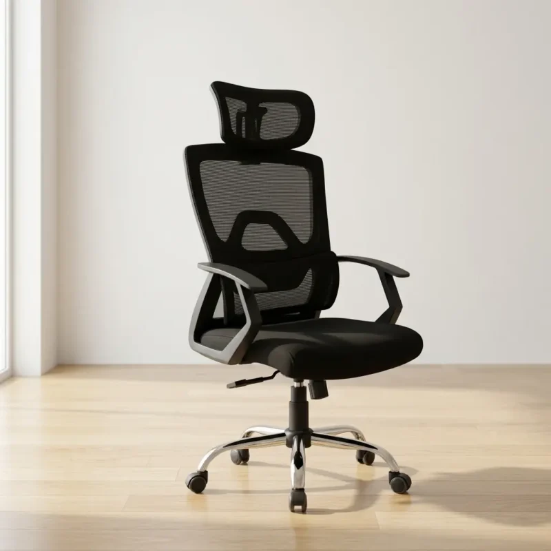 Adjustable high back office seat featuring an expansive mesh headrest, a high-back breathable black mesh backrest with an integrated skeletal lumbar support frame, fixed sweeping loop armrests, a contoured black fabric seat cushion, and a polished chrome five-star swivel base on rolling dual-wheel casters.
