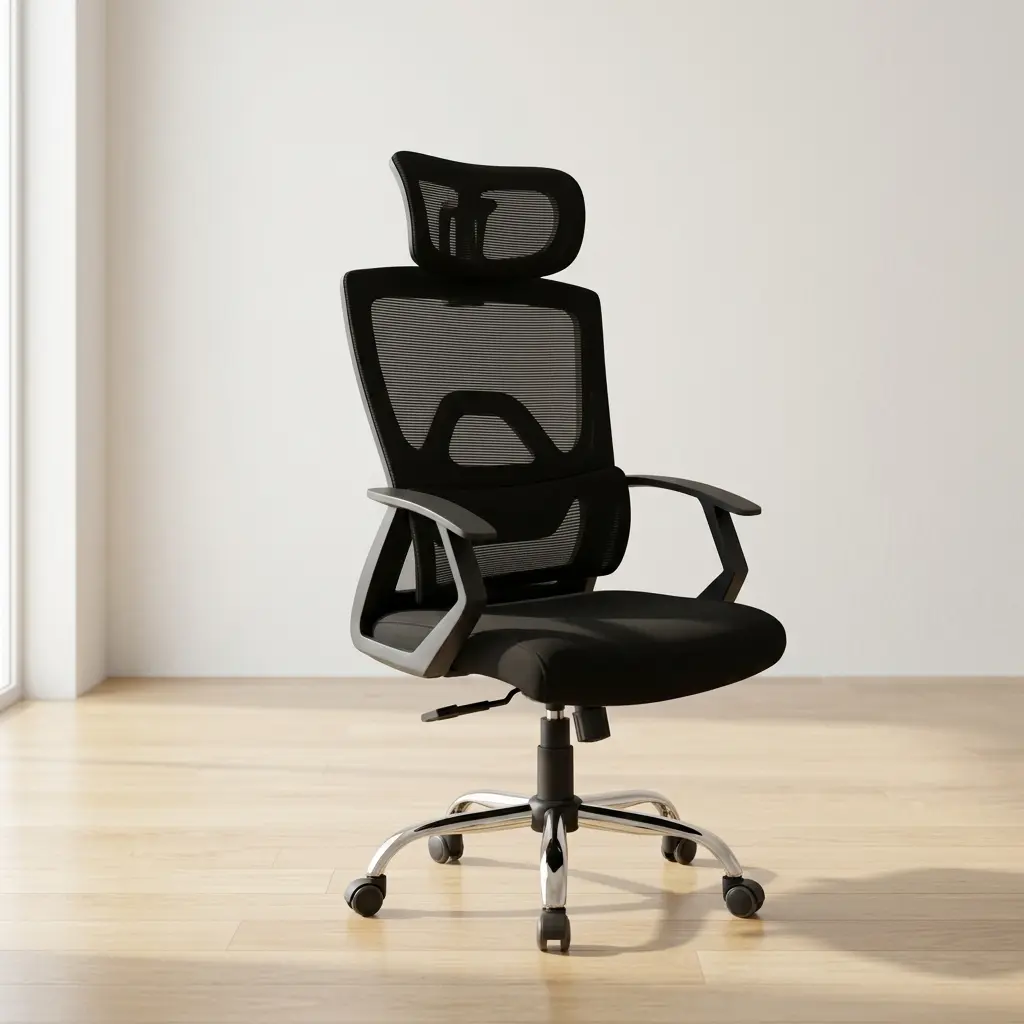 Adjustable high back office seat featuring an expansive mesh headrest, a high-back breathable black mesh backrest with an integrated skeletal lumbar support frame, fixed sweeping loop armrests, a contoured black fabric seat cushion, and a polished chrome five-star swivel base on rolling dual-wheel casters.