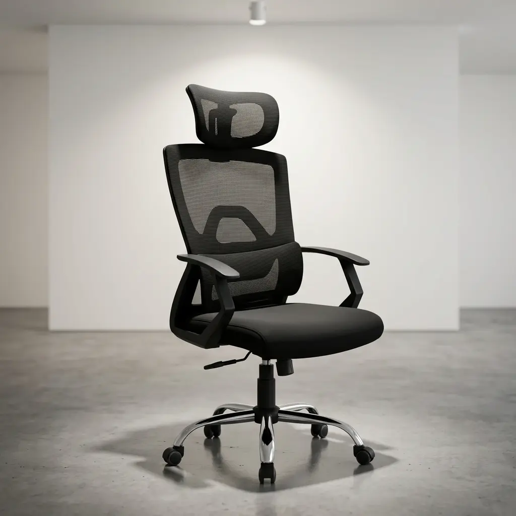 Adjustable high back office seat featuring an expansive mesh headrest, a high-back breathable black mesh backrest with an integrated skeletal lumbar support frame, fixed sweeping loop armrests, a contoured black fabric seat cushion, and a polished chrome five-star swivel base on rolling dual-wheel casters.