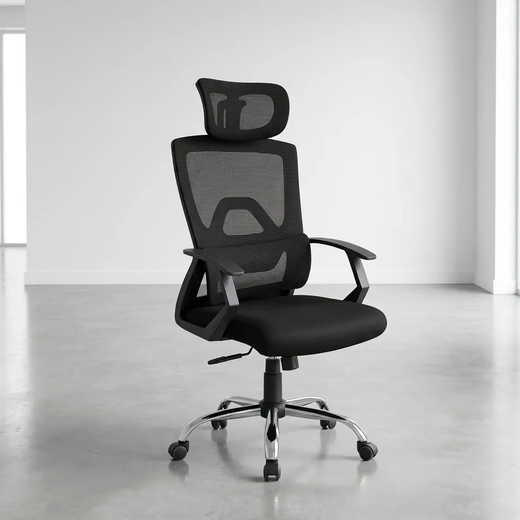 Adjustable high back office seat featuring an expansive mesh headrest, a high-back breathable black mesh backrest with an integrated skeletal lumbar support frame, fixed sweeping loop armrests, a contoured black fabric seat cushion, and a polished chrome five-star swivel base on rolling dual-wheel casters.