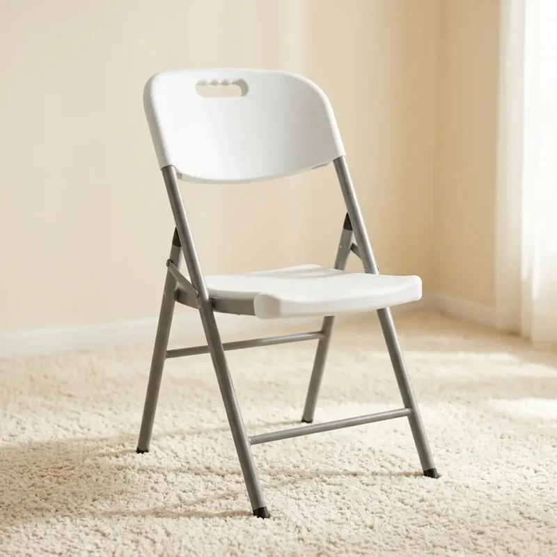 White foldable camping chair featuring a textured white molded plastic seat and backrest with an integrated carrying handle cutout, supported by a durable grey powder-coated steel folding frame with protective rubber foot caps.