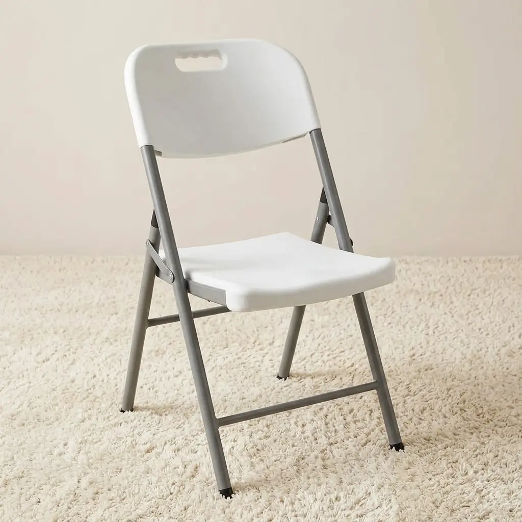 White foldable camping chair featuring a textured white molded plastic seat and backrest with an integrated carrying handle cutout, supported by a durable grey powder-coated steel folding frame with protective rubber foot caps.