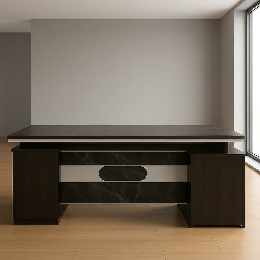 160cm L-shaped office desk featuring a dark espresso wood grain finish, an integrated side return cabinet with multiple storage drawers, a floating-look primary desktop accented with silver trim, and a decorative front modesty panel with dark marble patterns and a central silver-bordered inlay.