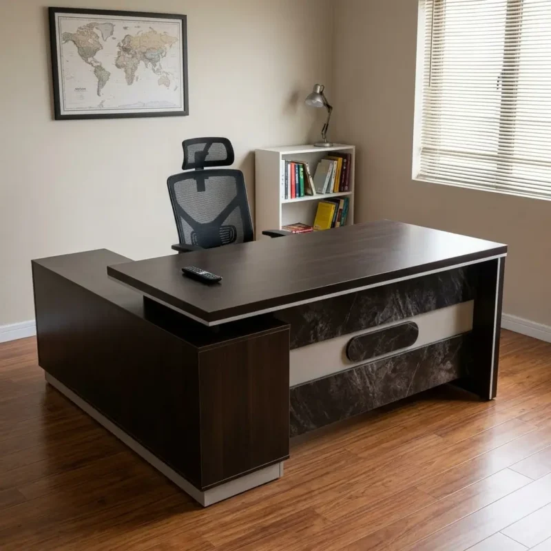 160cm L-shaped office desk featuring a dark espresso wood grain finish, an integrated side return cabinet with multiple storage drawers, a floating-look primary desktop accented with silver trim, and a decorative front modesty panel with dark marble patterns and a central silver-bordered inlay.