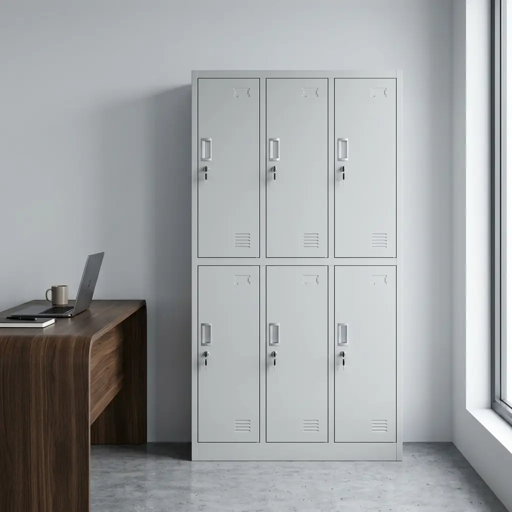 6 locker steel filing cabinet configures in a three-by-two grid, featuring a durable light grey powder-coated finish, individual lockable doors with keys inserted, recessed handle pulls, integrated label slots, and bottom louvered ventilation slats on each locker.