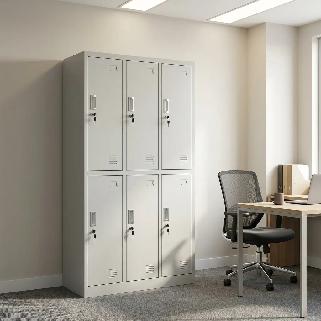 6 locker steel filing cabinet configures in a three-by-two grid, featuring a durable light grey powder-coated finish, individual lockable doors with keys inserted, recessed handle pulls, integrated label slots, and bottom louvered ventilation slats on each locker.