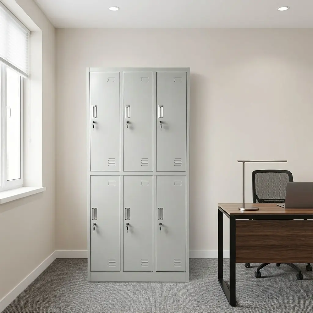6 locker steel filing cabinet configures in a three-by-two grid, featuring a durable light grey powder-coated finish, individual lockable doors with keys inserted, recessed handle pulls, integrated label slots, and bottom louvered ventilation slats on each locker.