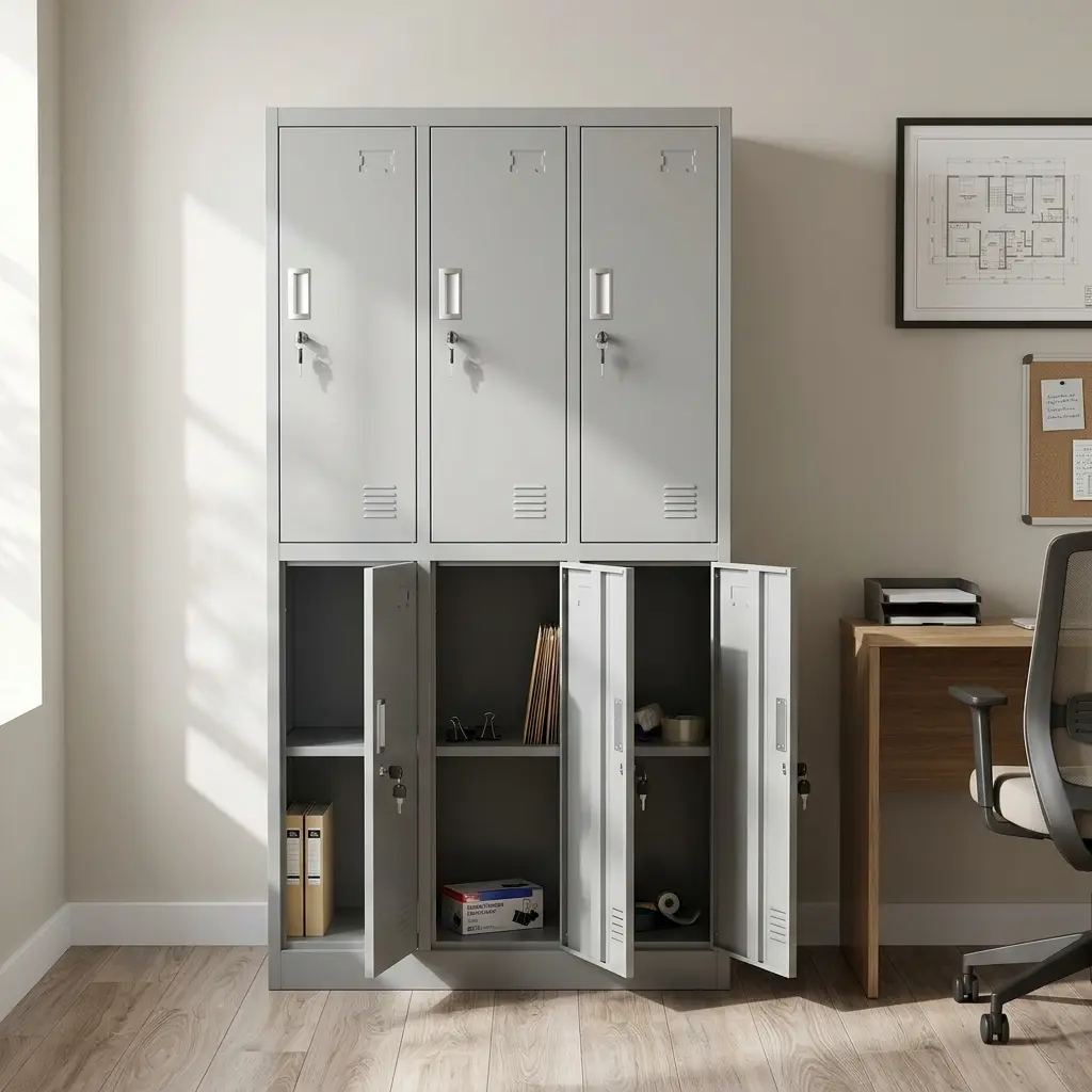 6 locker steel filing cabinet configures in a three-by-two grid, featuring a durable light grey powder-coated finish, individual lockable doors with keys inserted, recessed handle pulls, integrated label slots, and bottom louvered ventilation slats on each locker.