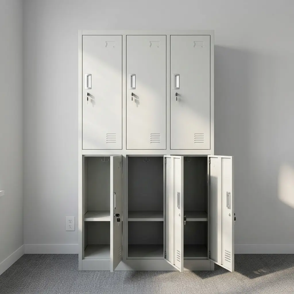 6 locker steel filing cabinet configures in a three-by-two grid, featuring a durable light grey powder-coated finish, individual lockable doors with keys inserted, recessed handle pulls, integrated label slots, and bottom louvered ventilation slats on each locker.
