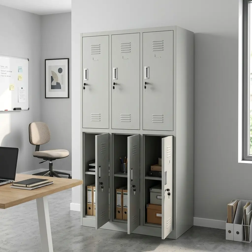 6 locker steel filing cabinet configures in a three-by-two grid, featuring a durable light grey powder-coated finish, individual lockable doors with keys inserted, recessed handle pulls, integrated label slots, and bottom louvered ventilation slats on each locker.