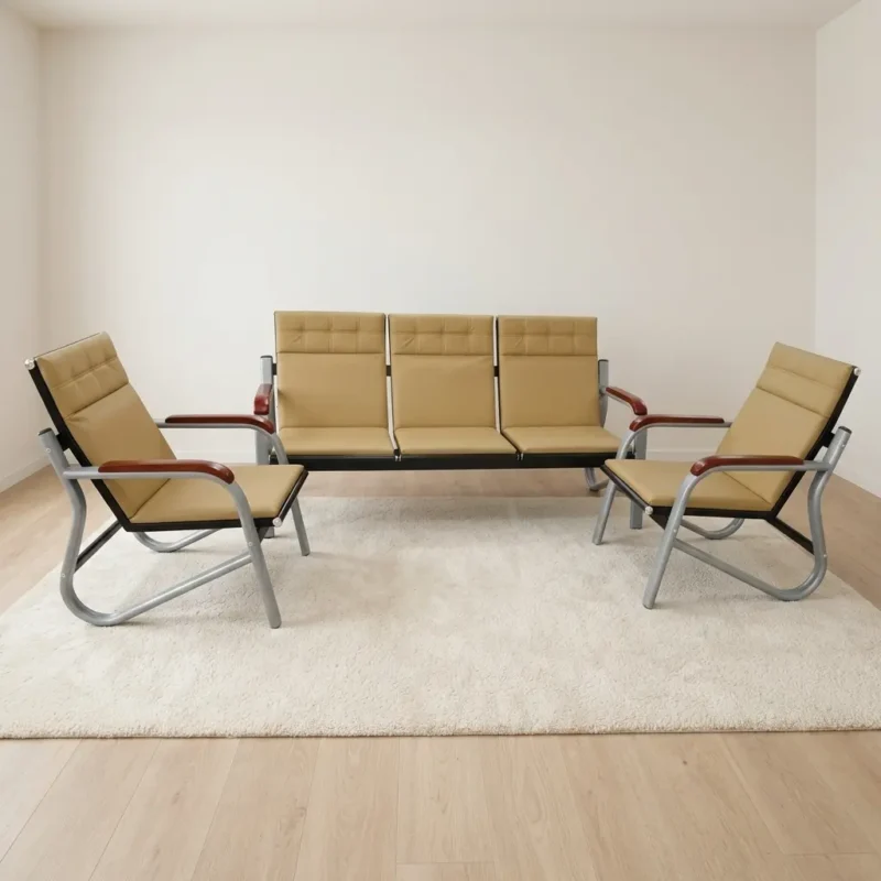 5-Seater Brown Reception Sofa set including a three-seater bench couch and two matching single accent armchairs, featuring light tan-brown faux leather upholstery with horizontal tufted grid backrests, curved silver metal frames, and polished reddish-brown wooden armrest caps.