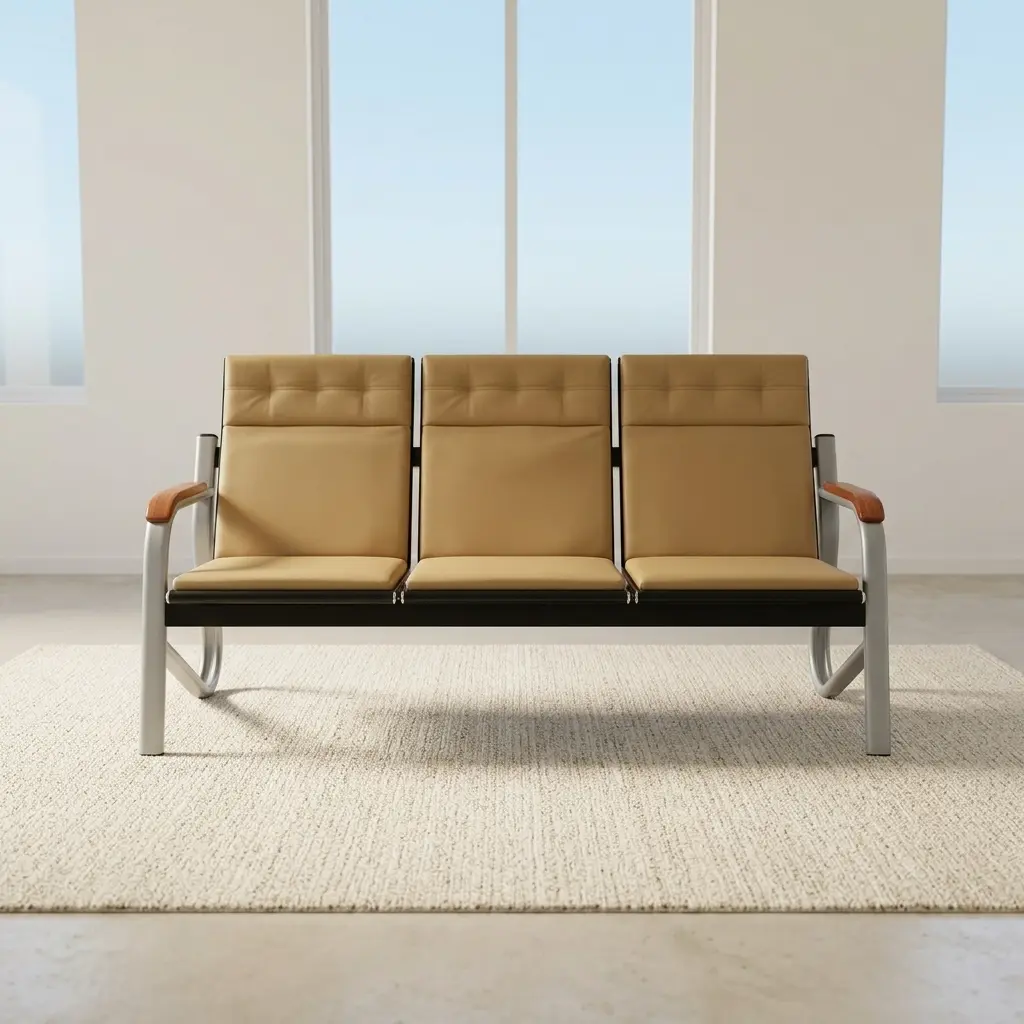 5-Seater Brown Reception Sofa set including a three-seater bench couch and two matching single accent armchairs, featuring light tan-brown faux leather upholstery with horizontal tufted grid backrests, curved silver metal frames, and polished reddish-brown wooden armrest caps.