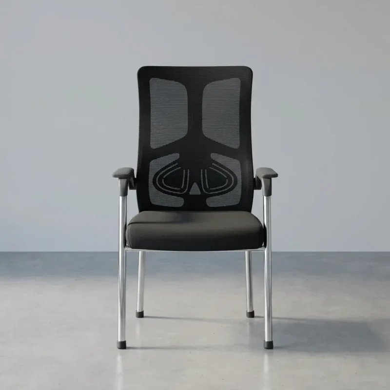 Mesh back office waiting chair featuring a high-back breathable black mesh backrest with an integrated, highly detailed geometric lumbar support skeleton frame, fixed T-shaped armrests with textured pads, a padded black fabric seat cushion, and a four-legged polished chrome sled-style base with black non-slip foot caps.
