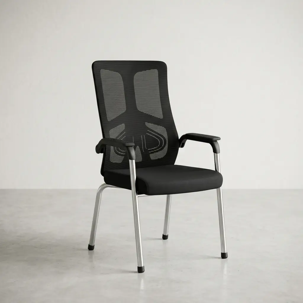 Mesh back office waiting chair featuring a high-back breathable black mesh backrest with an integrated, highly detailed geometric lumbar support skeleton frame, fixed T-shaped armrests with textured pads, a padded black fabric seat cushion, and a four-legged polished chrome sled-style base with black non-slip foot caps.