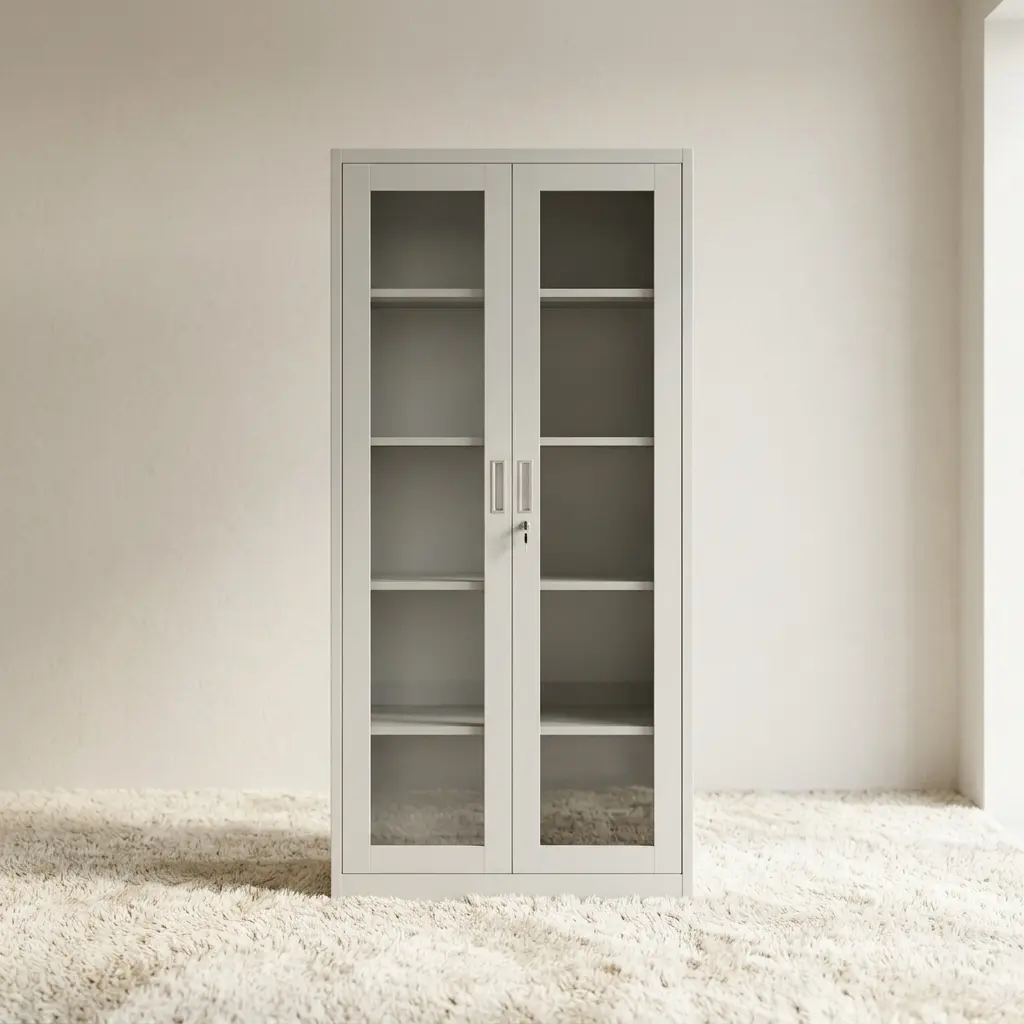 Full-glass metallic filing cabinet featuring a durable light grey steel frame, two full-length swing doors with large clear glass panels, a central key lock system with keys inserted, recessed vertical metal handles, and four adjustable interior shelves.