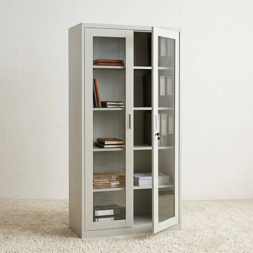 Full-glass metallic filing cabinet featuring a durable light grey steel frame, two full-length swing doors with large clear glass panels, a central key lock system with keys inserted, recessed vertical metal handles, and four adjustable interior shelves.