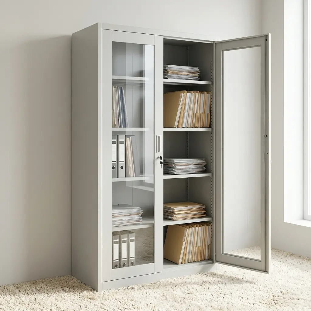 Full-glass metallic filing cabinet featuring a durable light grey steel frame, two full-length swing doors with large clear glass panels, a central key lock system with keys inserted, recessed vertical metal handles, and four adjustable interior shelves.