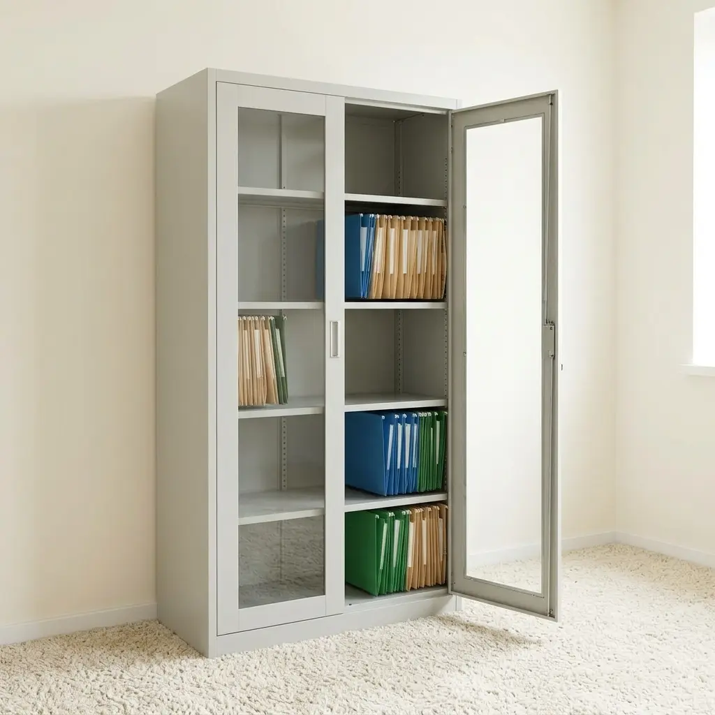 Full-glass metallic filing cabinet featuring a durable light grey steel frame, two full-length swing doors with large clear glass panels, a central key lock system with keys inserted, recessed vertical metal handles, and four adjustable interior shelves.