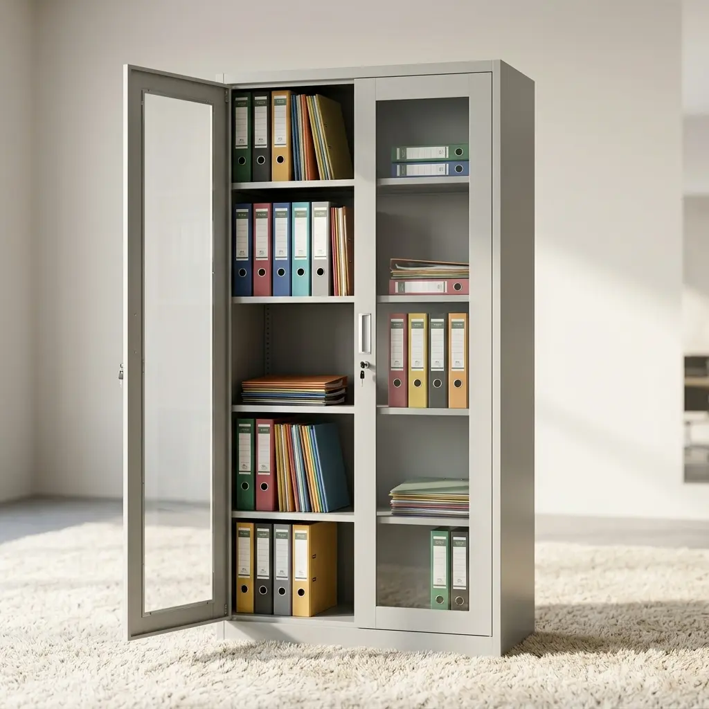 Full-glass metallic filing cabinet featuring a durable light grey steel frame, two full-length swing doors with large clear glass panels, a central key lock system with keys inserted, recessed vertical metal handles, and four adjustable interior shelves.