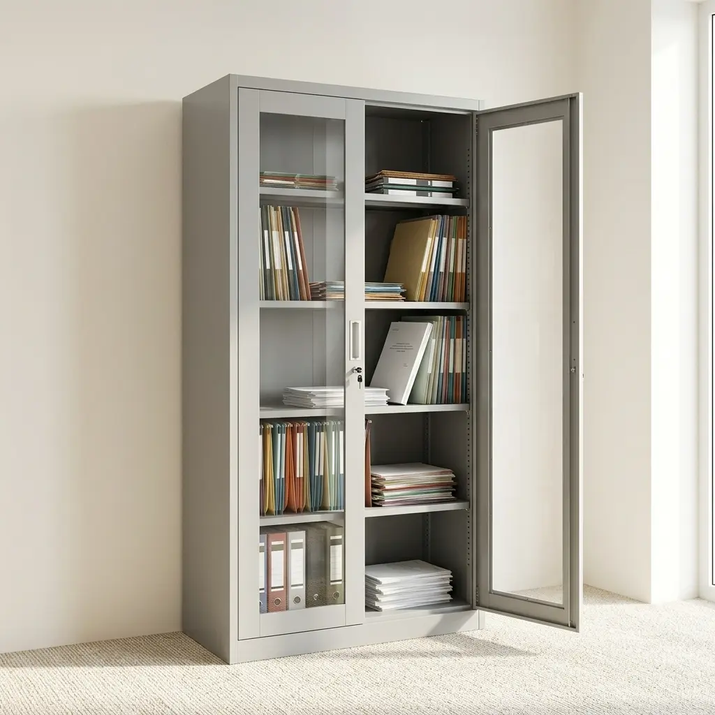 Full-glass metallic filing cabinet featuring a durable light grey steel frame, two full-length swing doors with large clear glass panels, a central key lock system with keys inserted, recessed vertical metal handles, and four adjustable interior shelves.