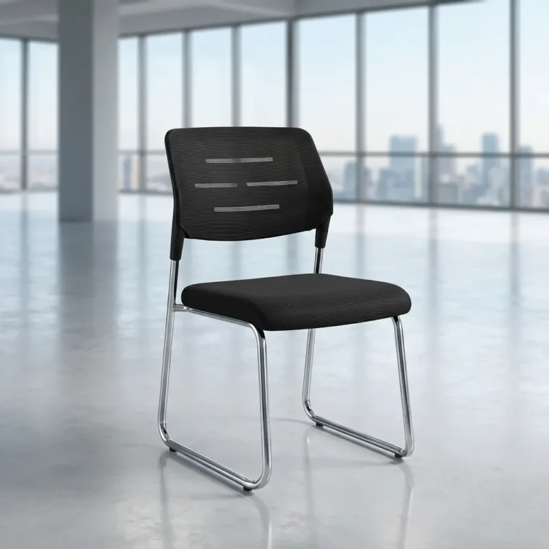 Stackable modern fabric chair featuring a low-profile black mesh fabric backrest with subtle horizontal structural bands, a padded black fabric seat cushion, and a sleek chrome-finished metal sled base with integrated floor glides.