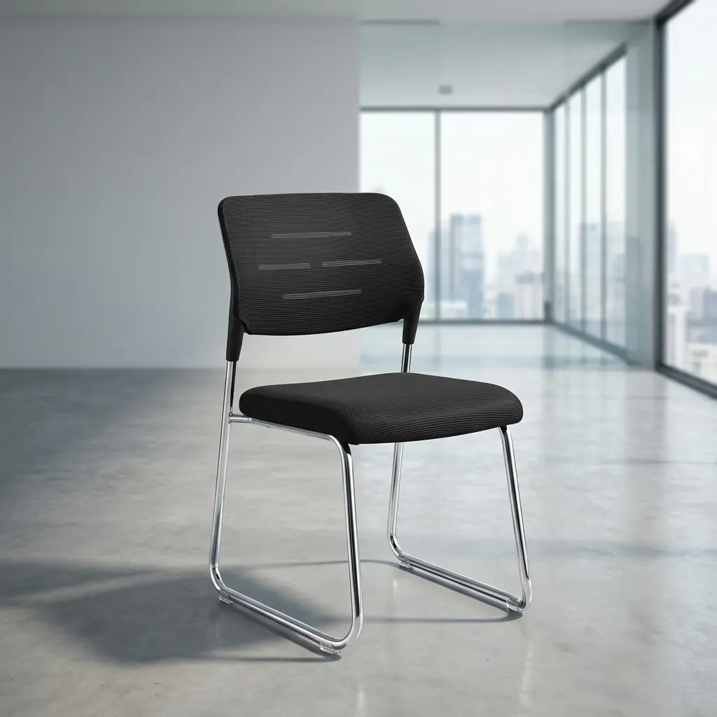 Stackable modern fabric chair featuring a low-profile black mesh fabric backrest with subtle horizontal structural bands, a padded black fabric seat cushion, and a sleek chrome-finished metal sled base with integrated floor glides.