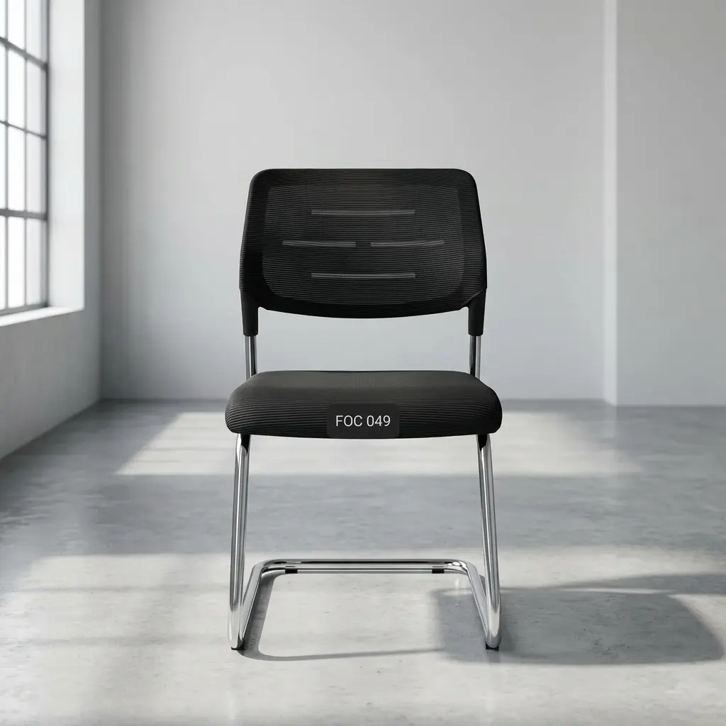 Stackable modern fabric chair featuring a low-profile black mesh fabric backrest with subtle horizontal structural bands, a padded black fabric seat cushion, and a sleek chrome-finished metal sled base with integrated floor glides.