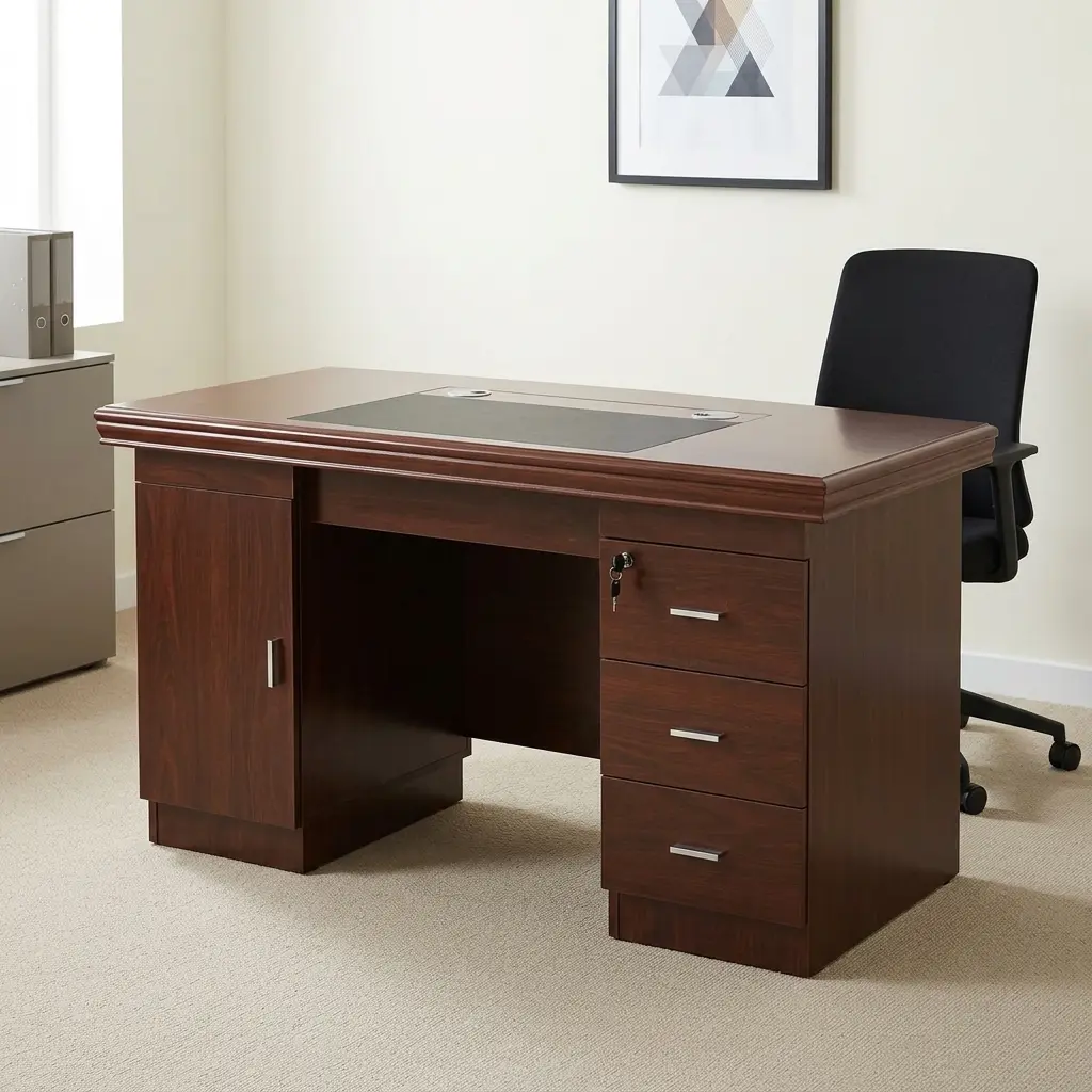 1.2 Meters Executive Office Desk finished in a rich reddish-brown wood veneer, featuring a thick tabletop with classic multi-tiered bevelled edges, an embedded black leatherette writing pad with two circular silver cable grommets, a left-side storage cabinet, and a right-side three-drawer pedestal with a central key lock system and brushed silver handles.