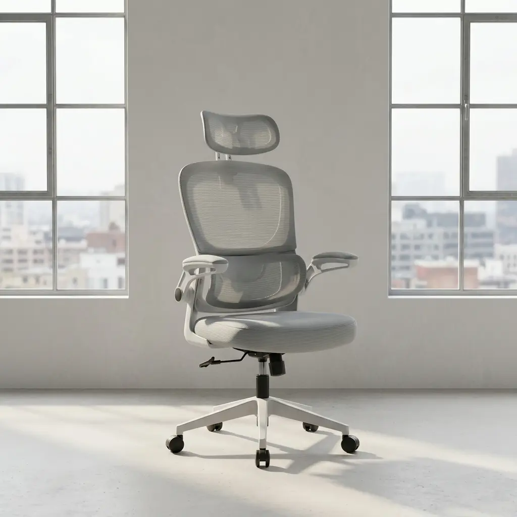 White ergonomic office chair featuring a contoured mesh headrest, a light grey or slate blue breathable mesh backrest with an integrated lower lumbar cushion, flip-up padded armrests with white frames, a matching padded fabric seat cushion, and a five-star white nylon swivel base on dual-wheel casters.
