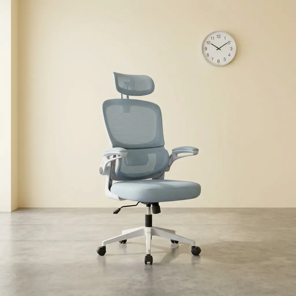 White ergonomic office chair featuring a contoured mesh headrest, a light grey or slate blue breathable mesh backrest with an integrated lower lumbar cushion, flip-up padded armrests with white frames, a matching padded fabric seat cushion, and a five-star white nylon swivel base on dual-wheel casters.