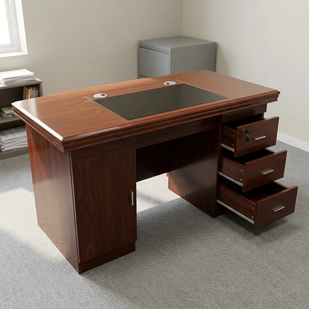 1.4Meters Executive Office Desk finished in a rich cherry wood grain veneer, featuring a multi-tiered bevelled tabletop with an embedded black leatherette writing inlay and dual circular silver cable grommets, an extended pull-out keyboard tray holding a silver keyboard, a left-side storage cabinet, and a right-side three-drawer pedestal with all drawers pulled open, displaying brushed silver handles and a top drawer key lock.