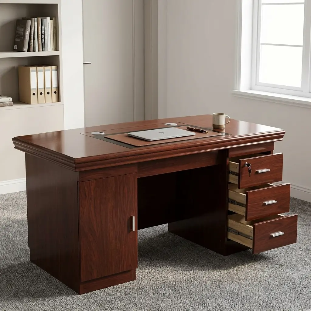 1.4Meters Executive Office Desk finished in a rich cherry wood grain veneer, featuring a multi-tiered bevelled tabletop with an embedded black leatherette writing inlay and dual circular silver cable grommets, an extended pull-out keyboard tray holding a silver keyboard, a left-side storage cabinet, and a right-side three-drawer pedestal with all drawers pulled open, displaying brushed silver handles and a top drawer key lock.
