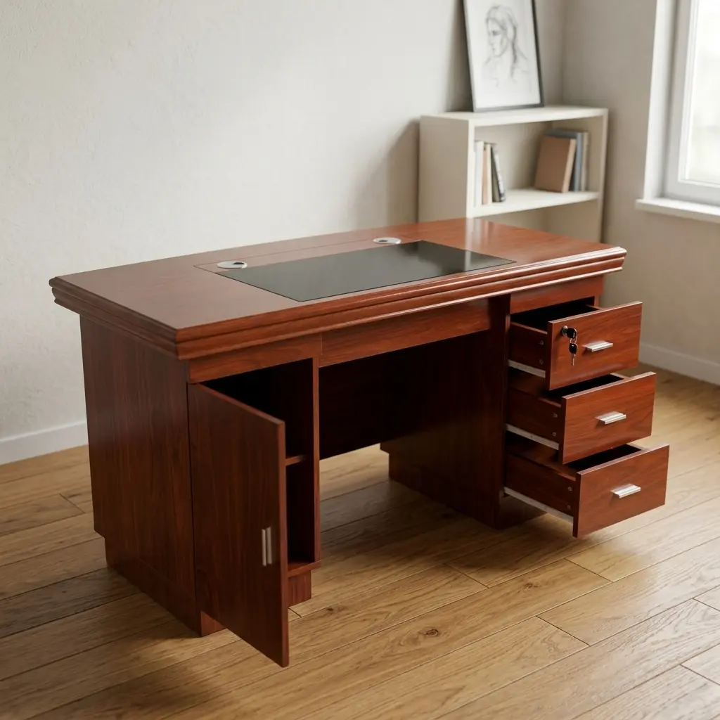 1.4Meters Executive Office Desk finished in a rich cherry wood grain veneer, featuring a multi-tiered bevelled tabletop with an embedded black leatherette writing inlay and dual circular silver cable grommets, an extended pull-out keyboard tray holding a silver keyboard, a left-side storage cabinet, and a right-side three-drawer pedestal with all drawers pulled open, displaying brushed silver handles and a top drawer key lock.